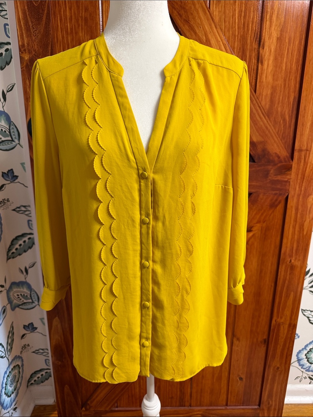 Anthropologie Meadow Rue Scalloped Edged Blouse in Mustard Yellow
